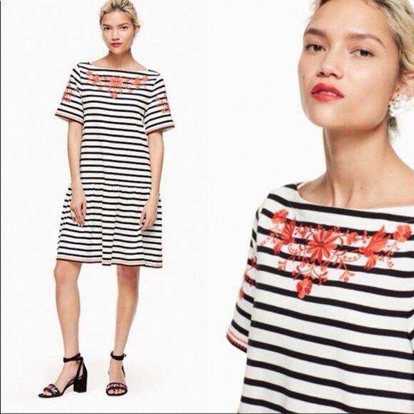 Kate Spade Striped Embroidered Shift Dress Woman’s Medium - Picture 1 of 9